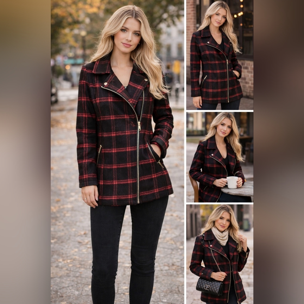 G By Guess Women's Drino Plaid Moto Coat Jacket
